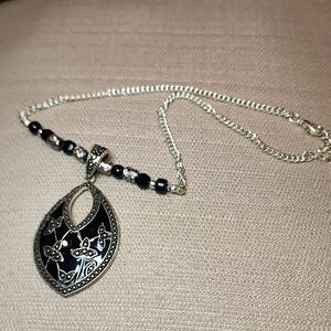 Vintage Silver-Tone, Black Enamel Pendant Necklace, Preloved In Great Condition